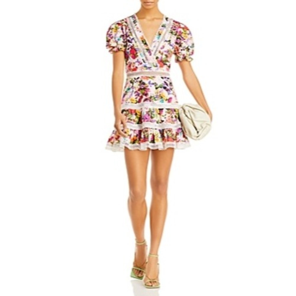 Aqua x Mary Katrantzou Pink Floral Lace Trim Mini Dress Women's Size Medium - Picture 16 of 16